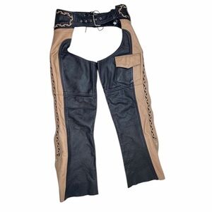 MOB Classic X4 Genuine Leather Motorcycle Riding Chaps Black and Tan Size Small